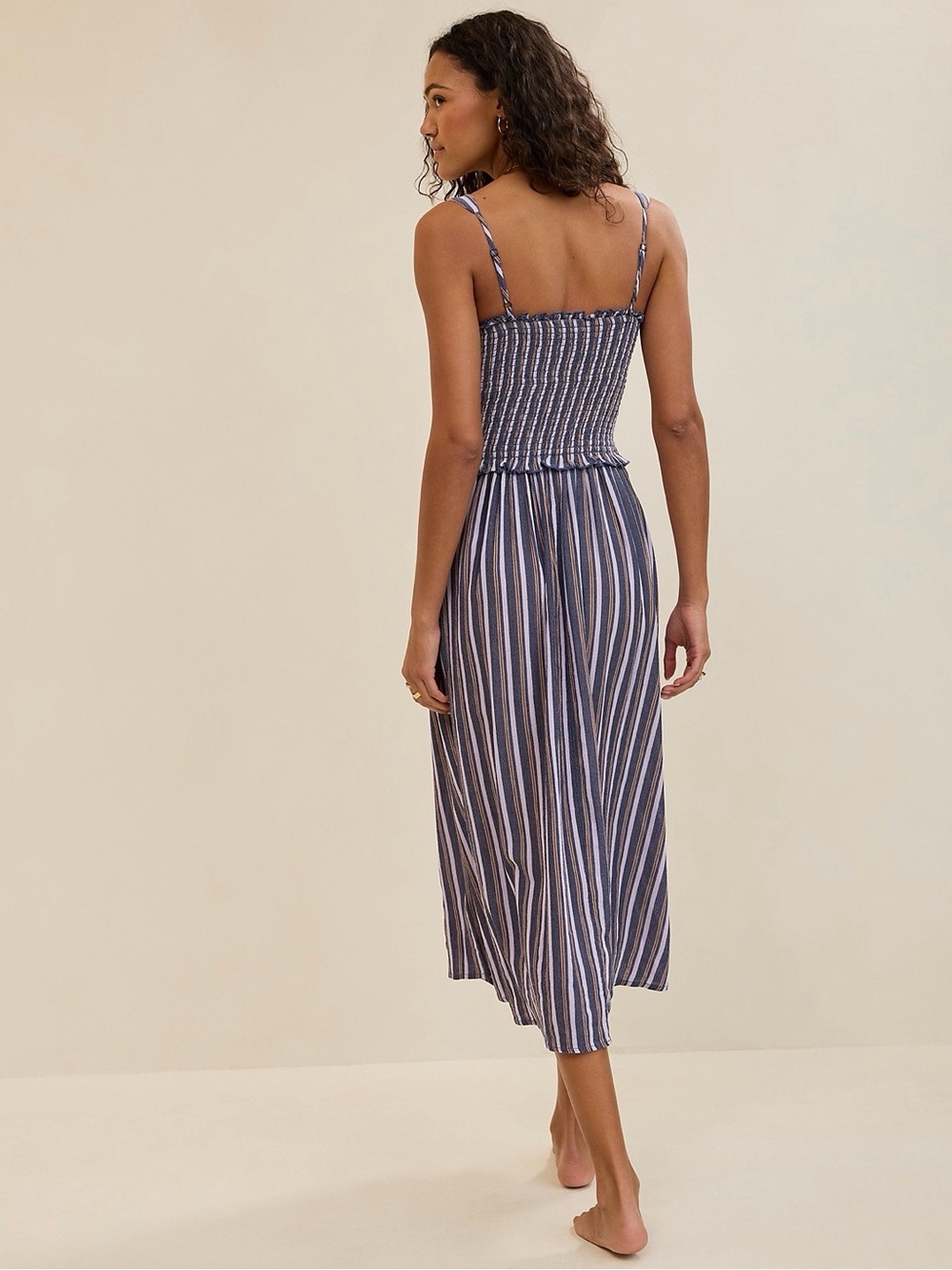 Aerie Smocked Striped At the Barre Midi Dress in Navy - Picture 2 of 6